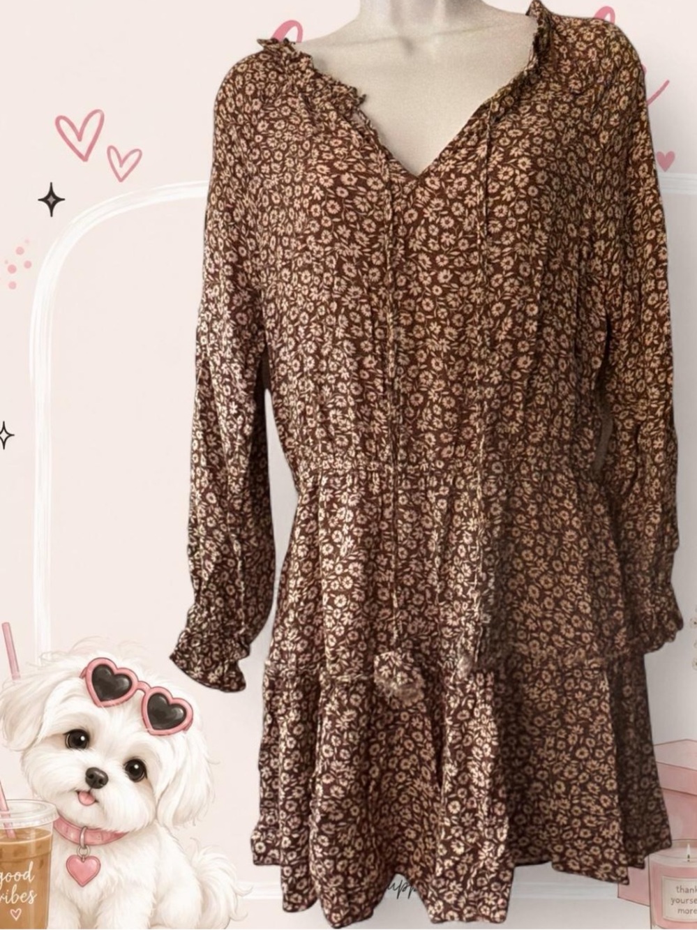 Brown Floral Tiered Long-Sleeve Romper Dress